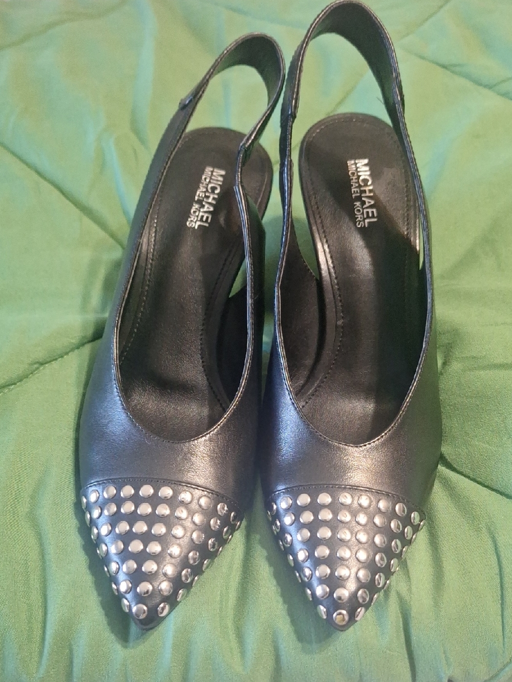 Michael Kors Black Leather Pointed Slingback Pumps with Silver Studs